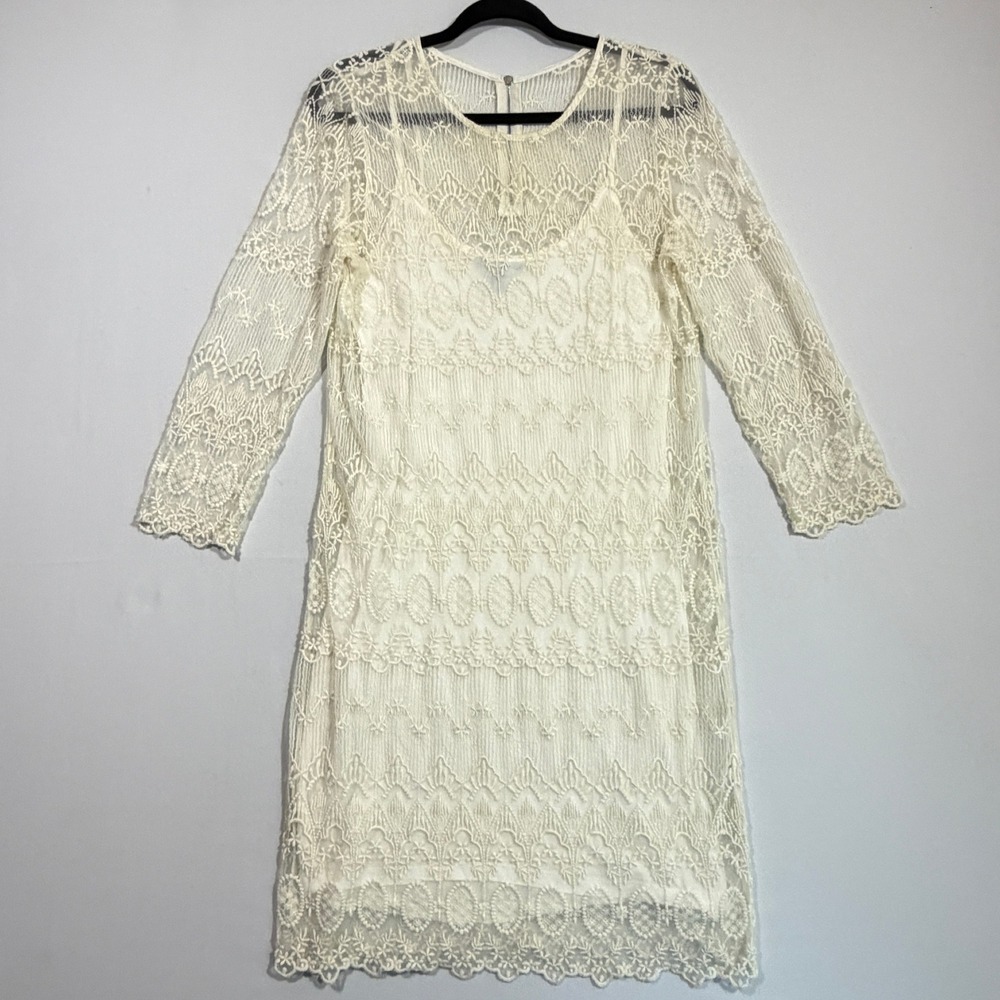 MNG Casual Lace Shift Dress 3/4 Sleeve Scalloped Hem Cream Women Size M READ